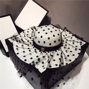 Beloved‎ Millinery White Polka Dot Veil Wide Brim Hat